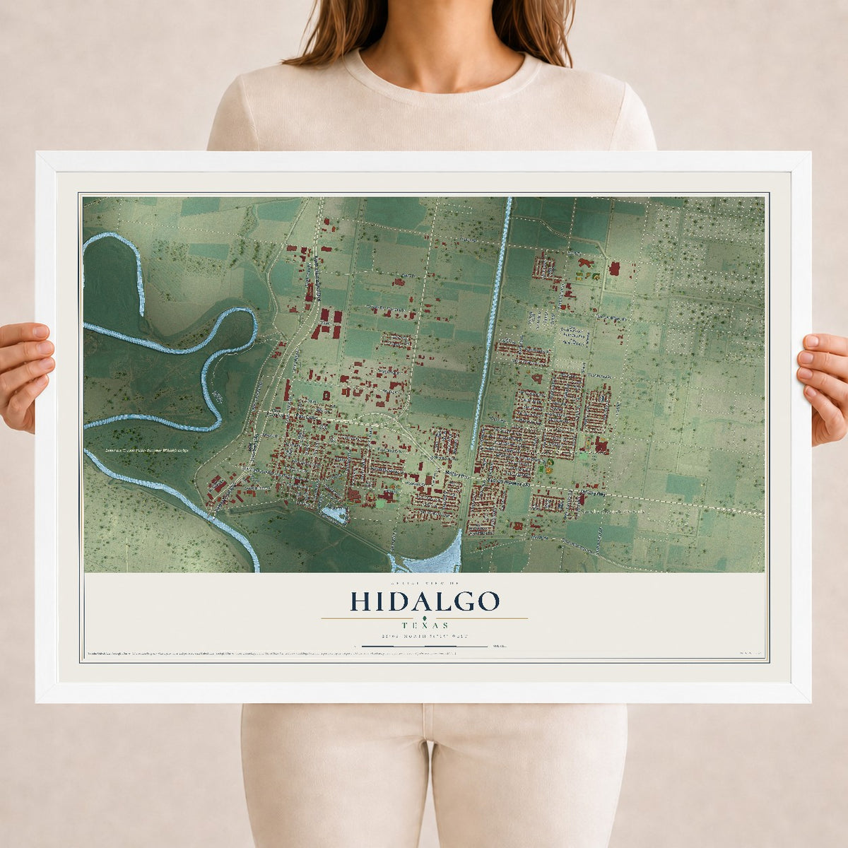 Map of Hidalgo, Texas, 18 x 24 inch print in a white wood frame