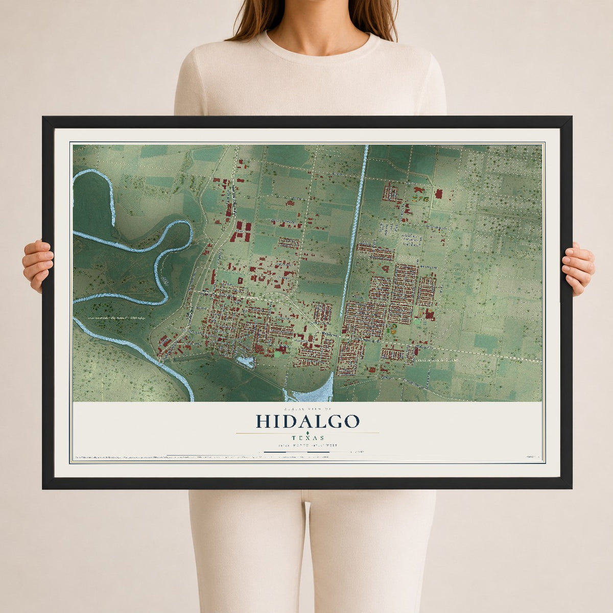 Map of Hidalgo, Texas, 24 x 36 inch print in a black wood frame