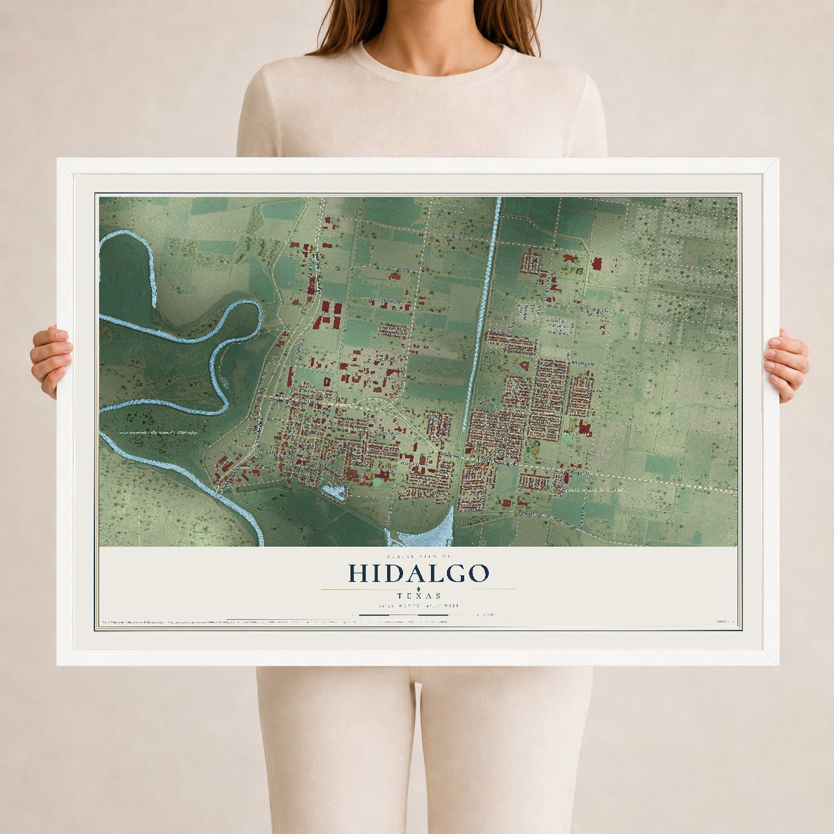 Map of Hidalgo, Texas, 24 x 36 inch print in a white wood frame