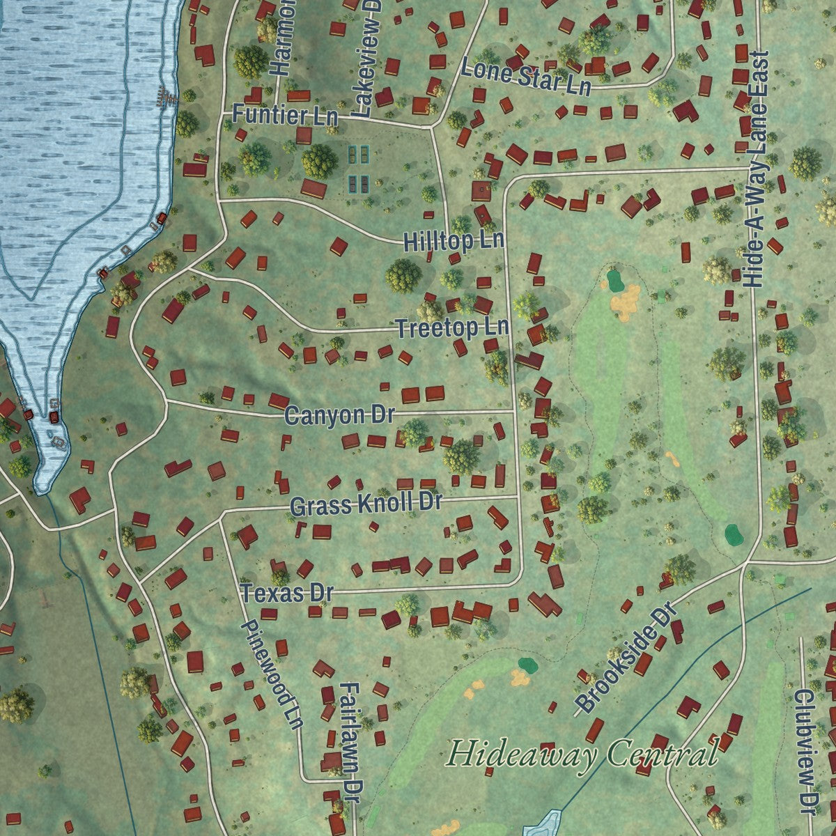 Close-up of the map of Hideaway, Texas print showing street and building detail
