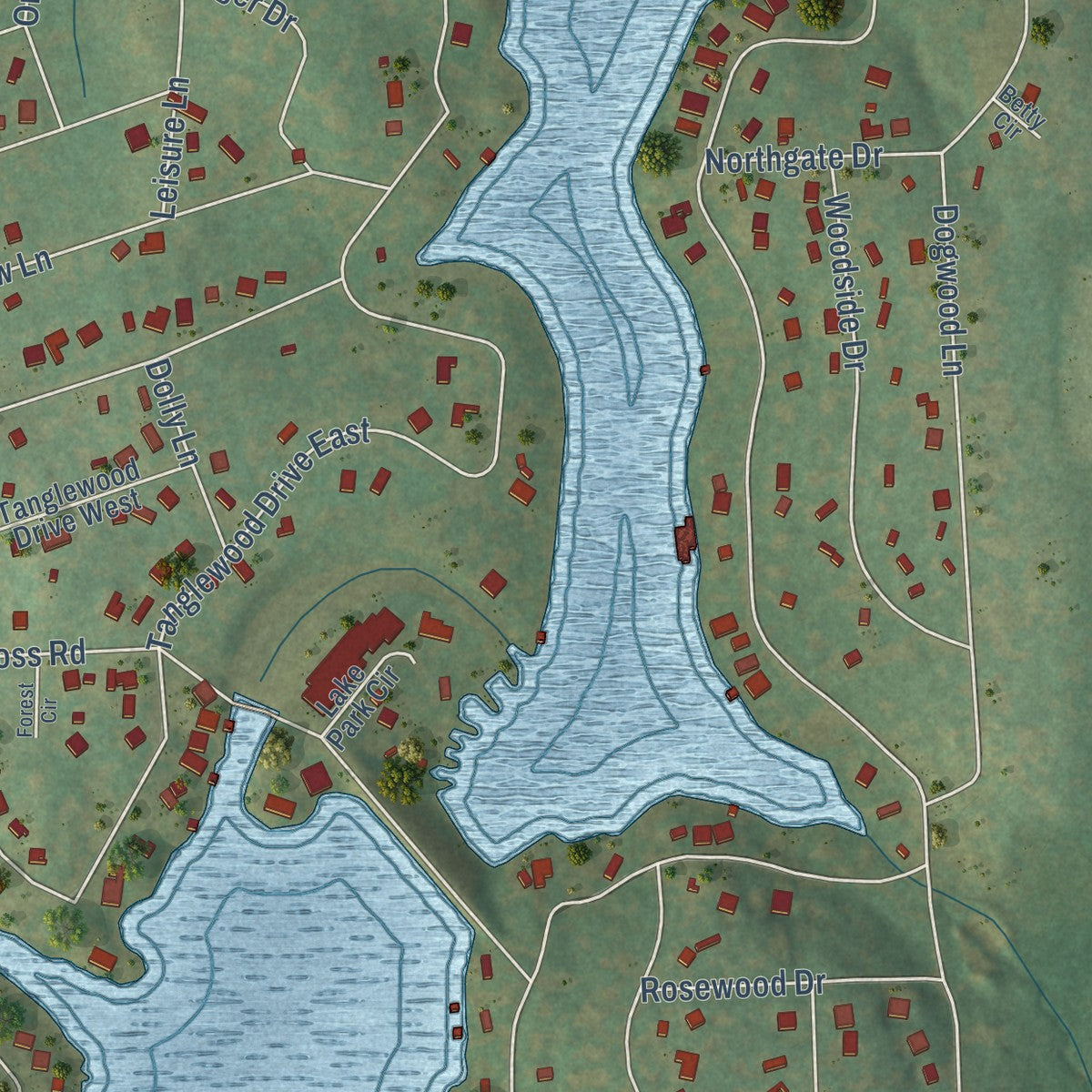 Second close-up of the map of Hideaway, Texas print showing more streets and buildings