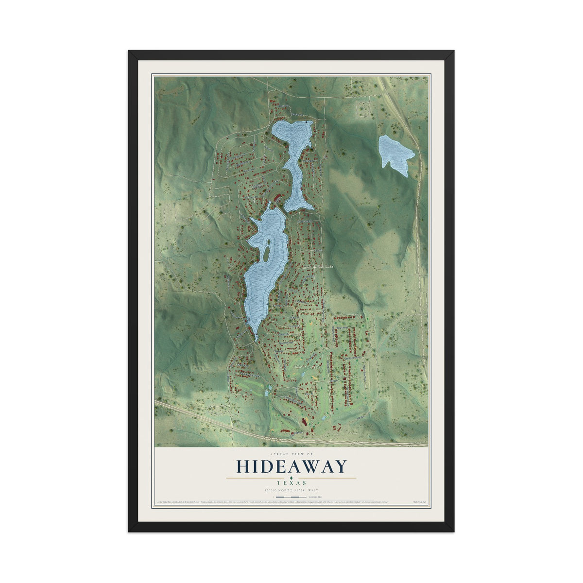 Map of Hideaway, Texas, 12 x 18 inch print in a black wood frame