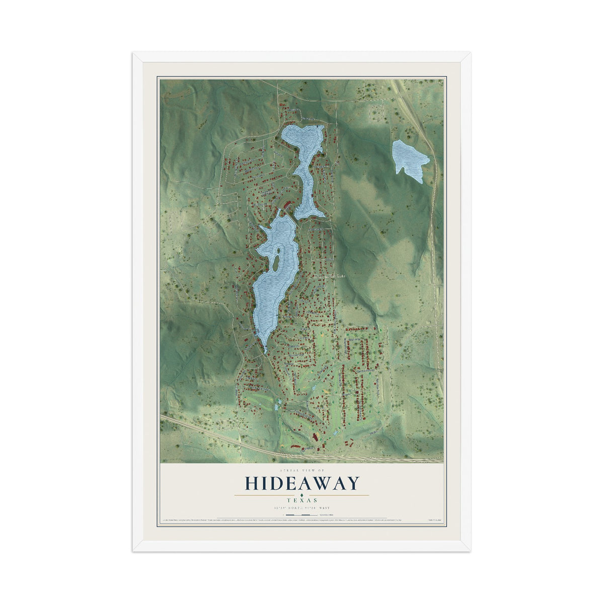 Map of Hideaway, Texas, 12 x 18 inch print in a white wood frame