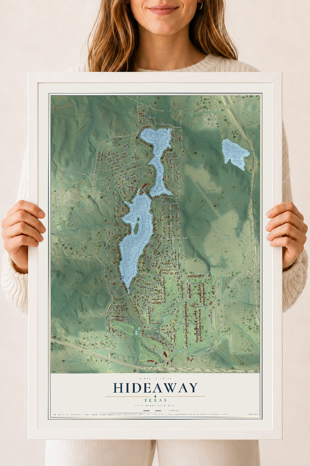 Map of Hideaway, Texas, 18 x 24 inch print in a white wood frame