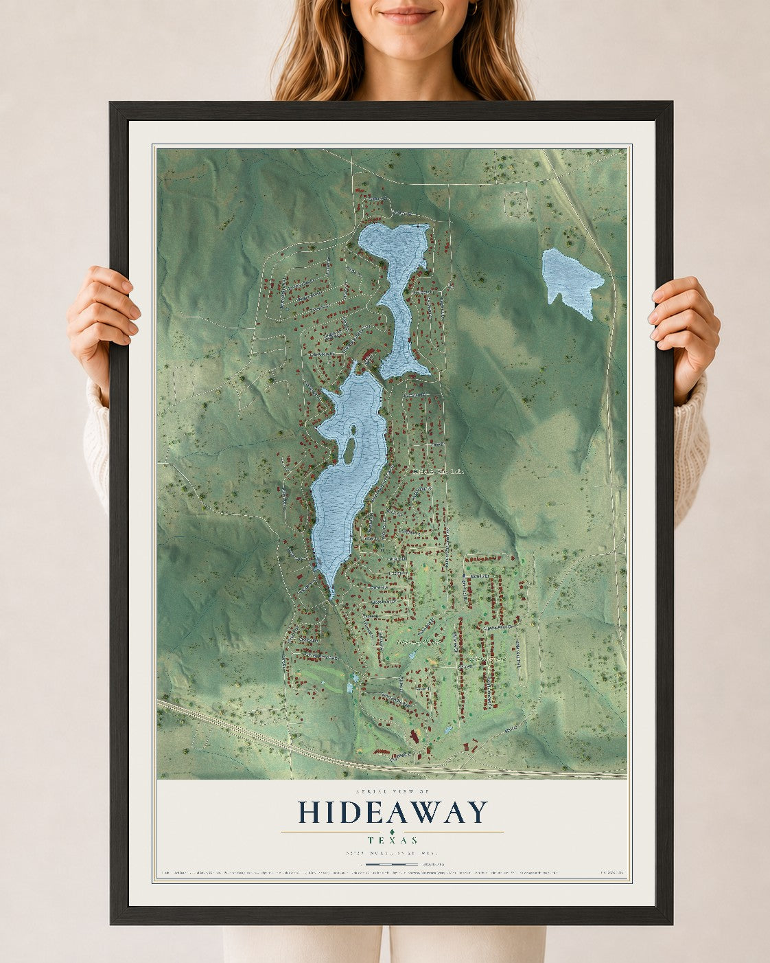 Map of Hideaway, Texas, 24 x 36 inch print in a black wood frame