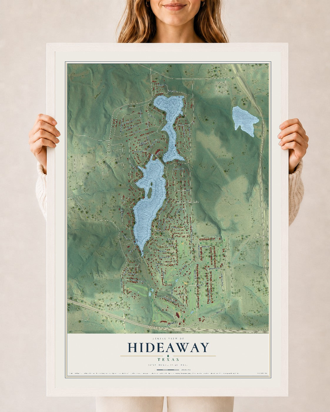 Map of Hideaway, Texas, 24 x 36 inch print in a white wood frame