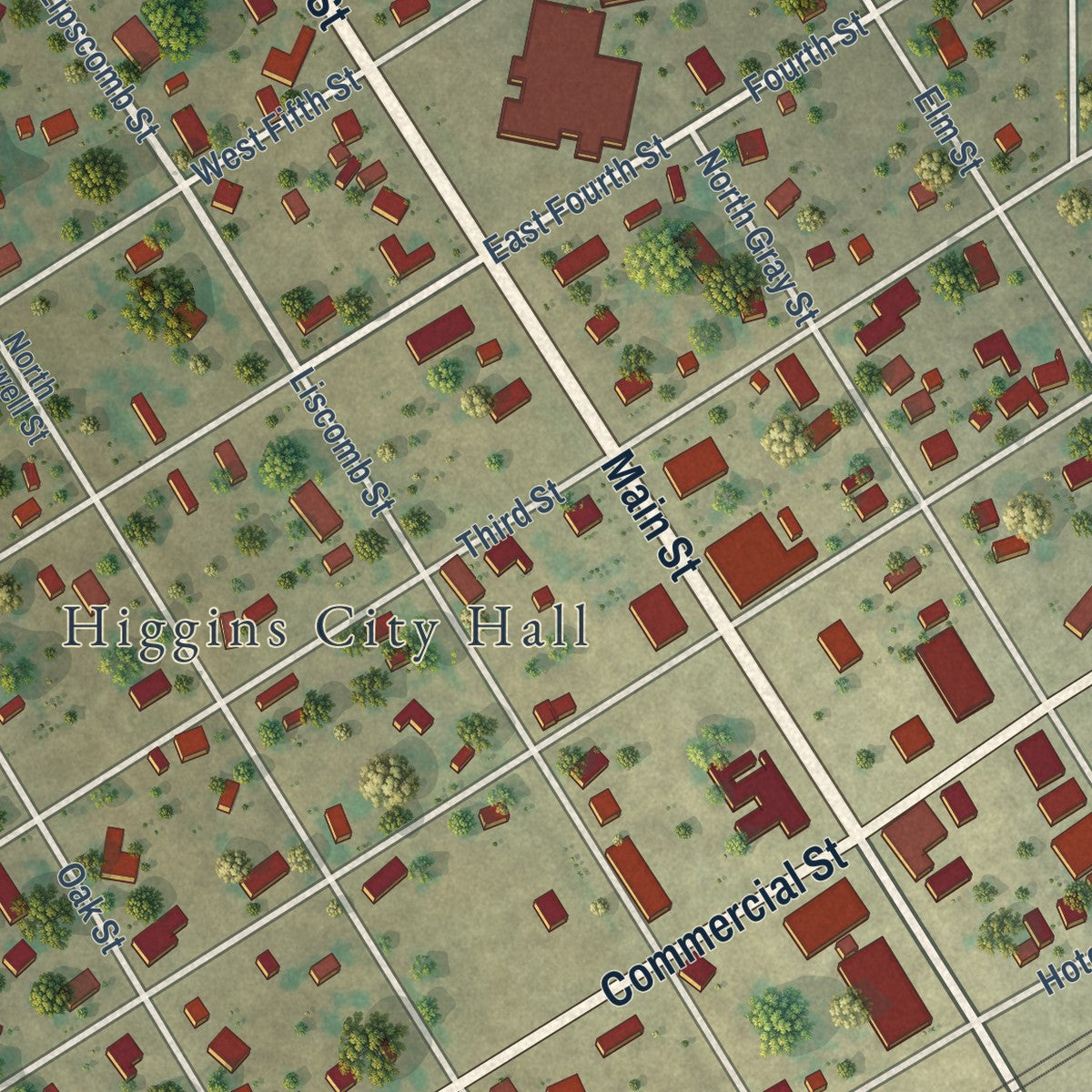 Close-up of the map of Higgins, Texas print showing street and building detail