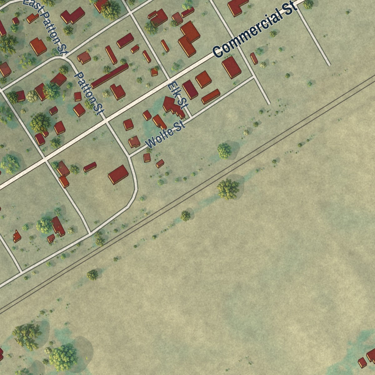 Second close-up of the map of Higgins, Texas print showing more streets and buildings