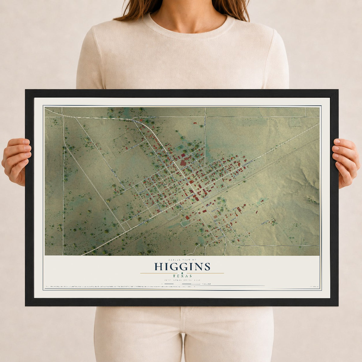 Map of Higgins, Texas, 12 x 18 inch print in a black wood frame