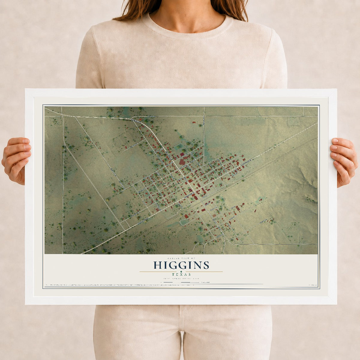 Map of Higgins, Texas, 12 x 18 inch print in a white wood frame