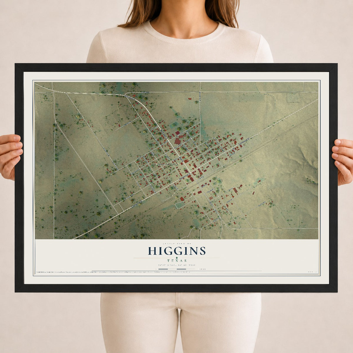 Map of Higgins, Texas, 18 x 24 inch print in a black wood frame