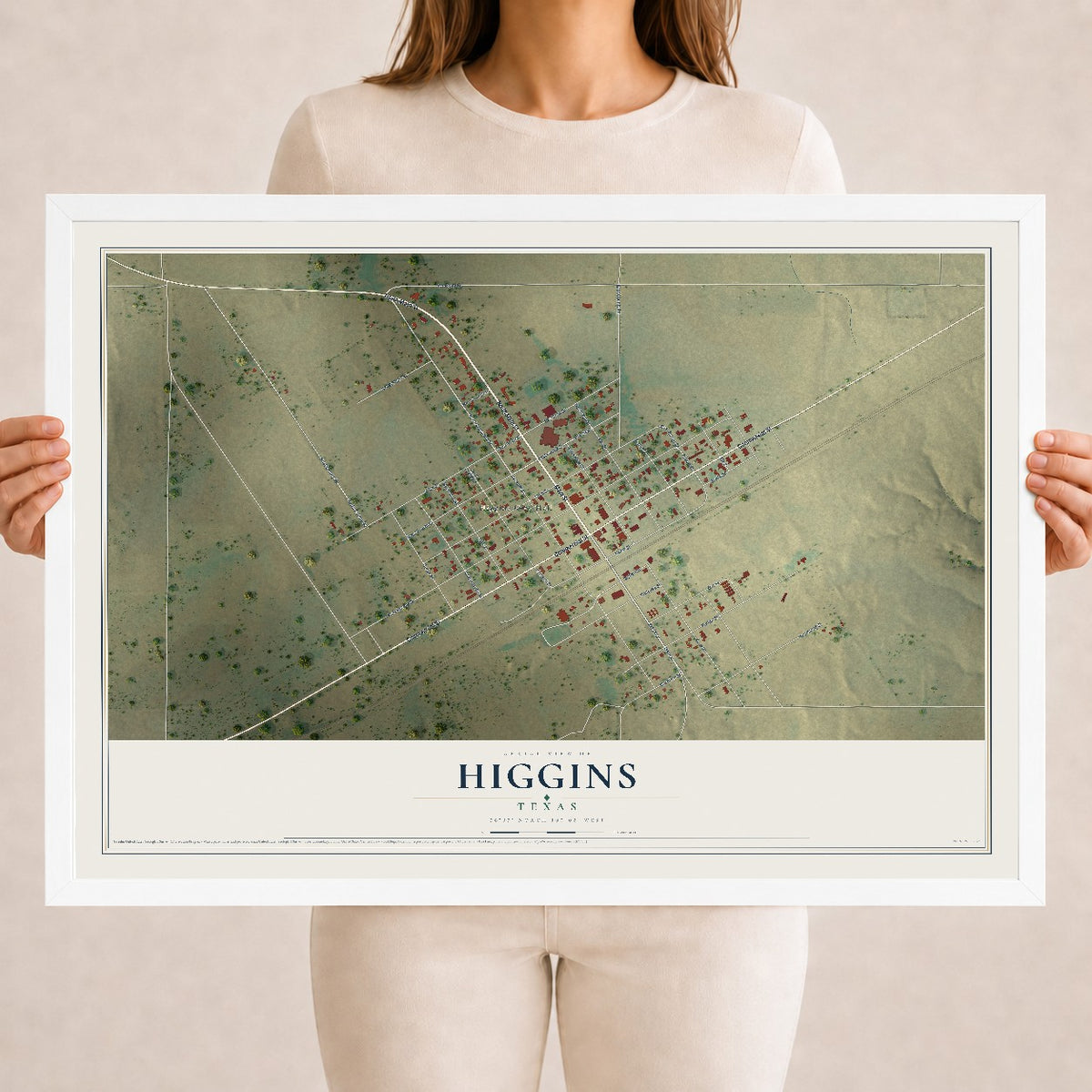 Map of Higgins, Texas, 18 x 24 inch print in a white wood frame