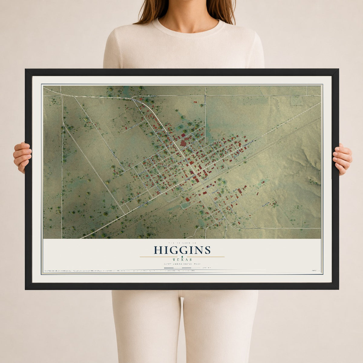 Map of Higgins, Texas, 24 x 36 inch print in a black wood frame