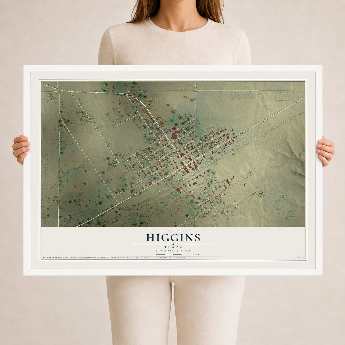 Map of Higgins, Texas, 24 x 36 inch print in a white wood frame