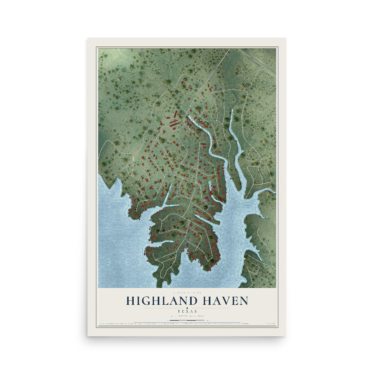 Map of Highland Haven, Texas, 12 x 18 inch unframed archival matte print