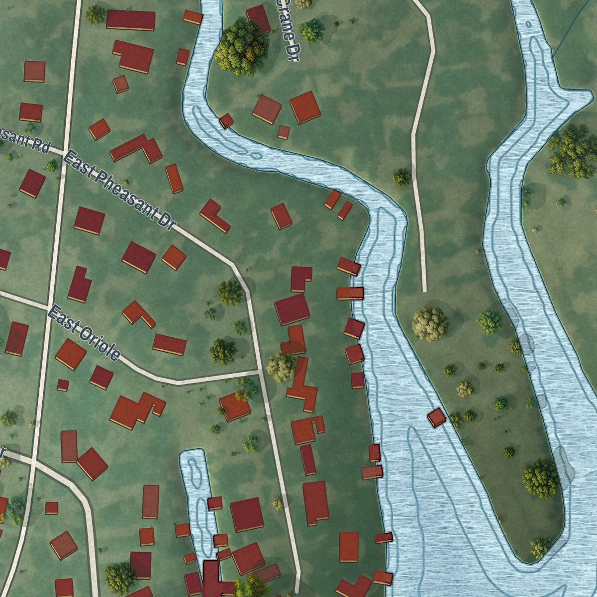 Close-up of the map of Highland Haven, Texas print showing street and building detail