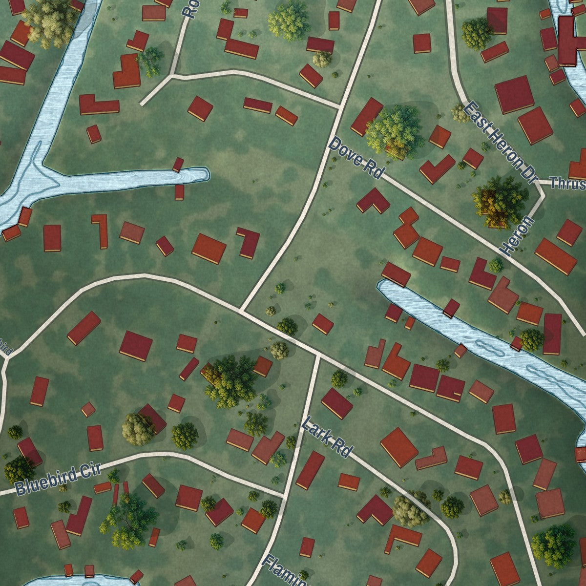 Second close-up of the map of Highland Haven, Texas print showing more streets and buildings