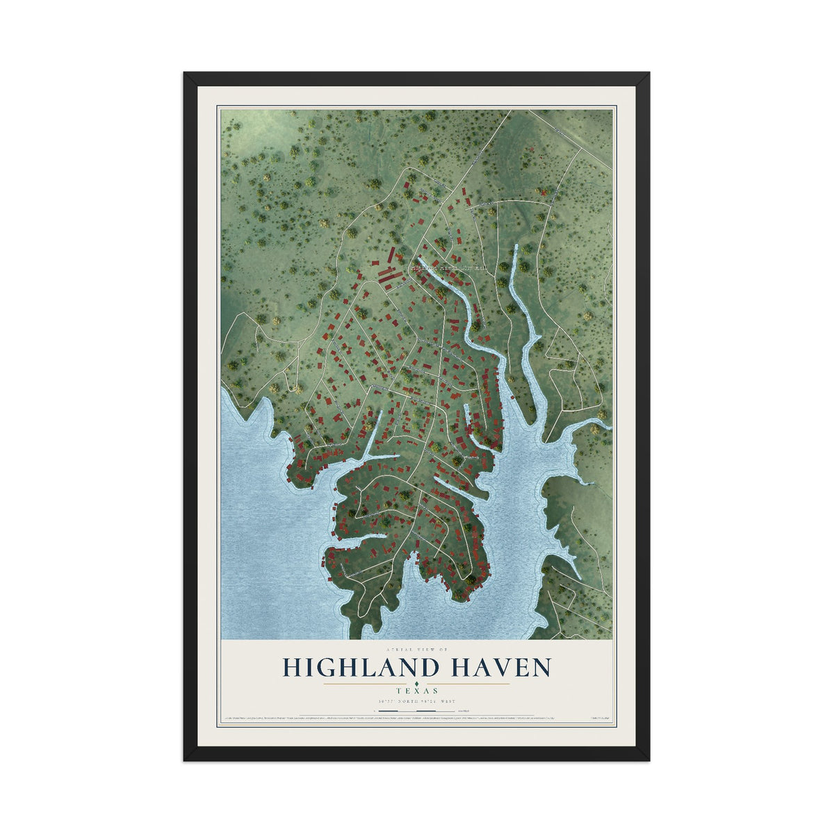 Map of Highland Haven, Texas, 12 x 18 inch print in a black wood frame