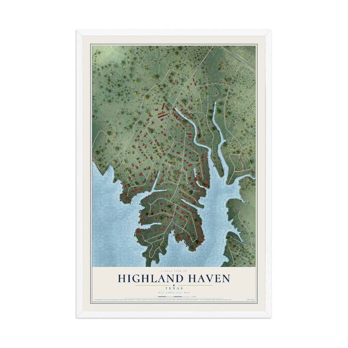 Map of Highland Haven, Texas, 12 x 18 inch print in a white wood frame