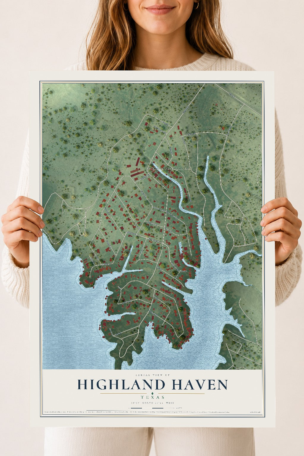 Map of Highland Haven, Texas, 18 x 24 inch unframed archival matte print