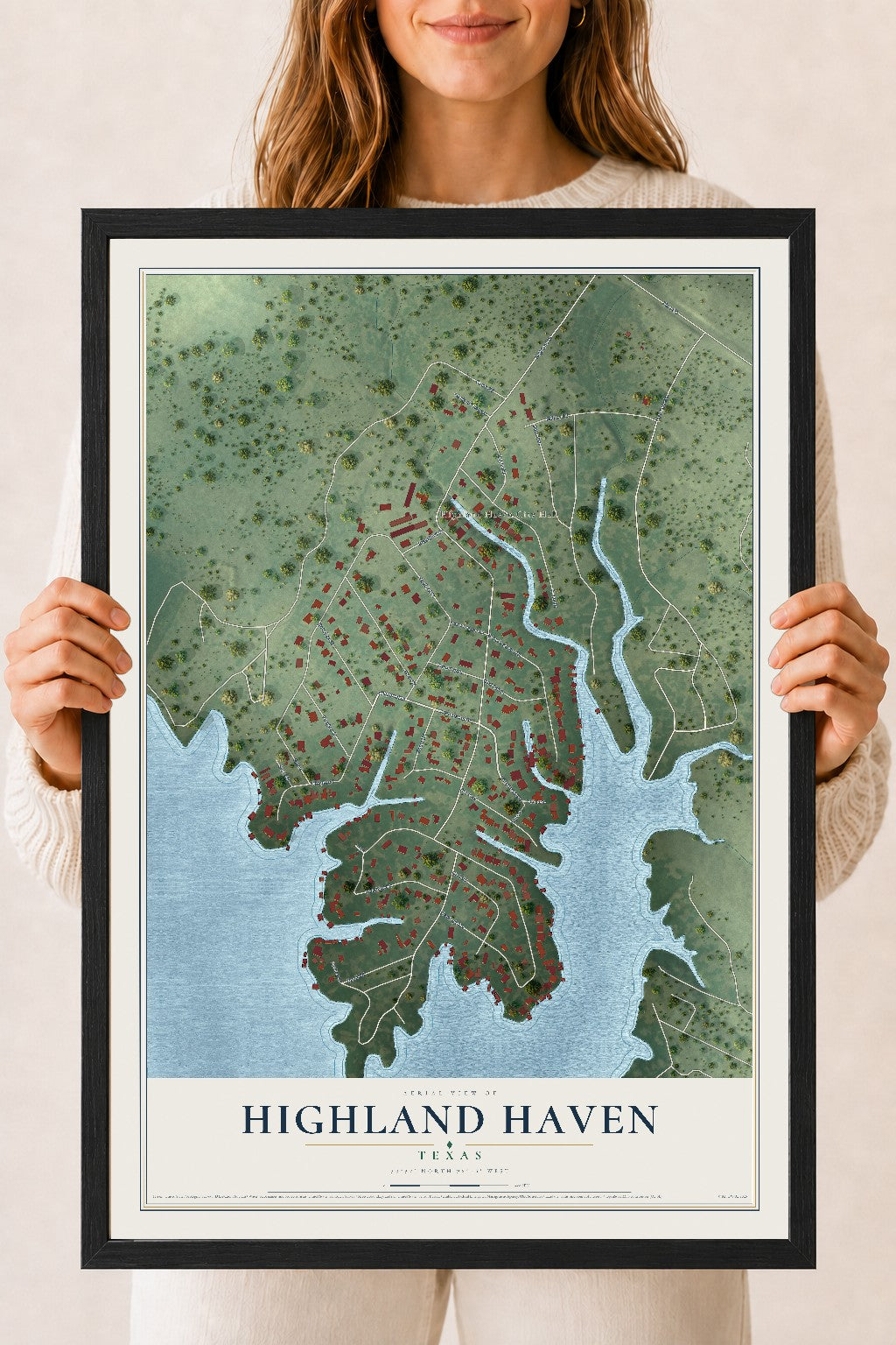 Map of Highland Haven, Texas, 18 x 24 inch print in a black wood frame