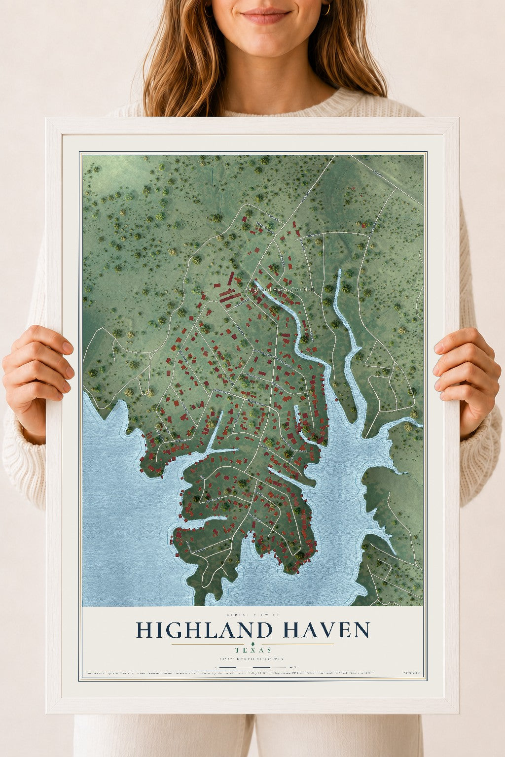 Map of Highland Haven, Texas, 18 x 24 inch print in a white wood frame
