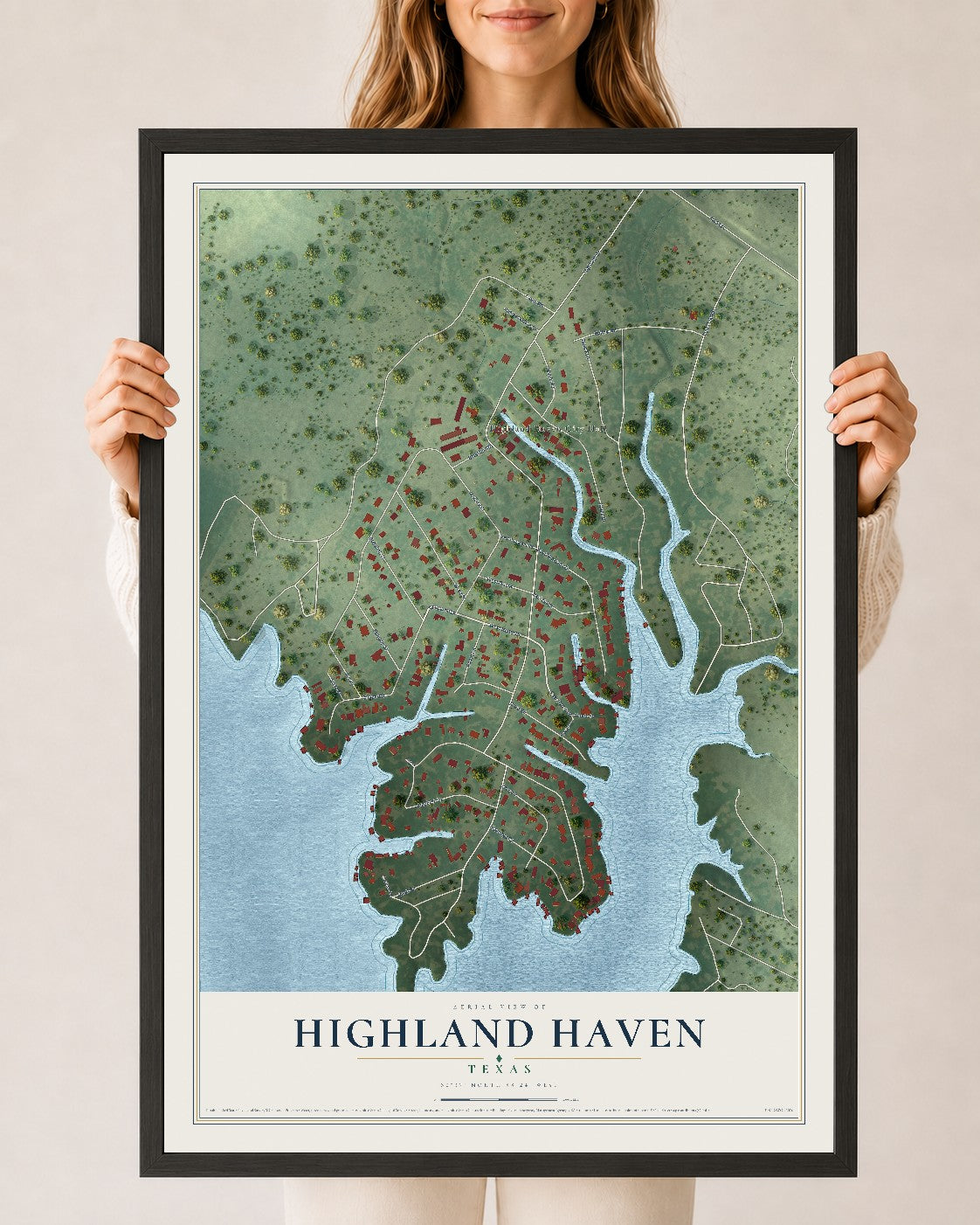 Map of Highland Haven, Texas, 24 x 36 inch print in a black wood frame