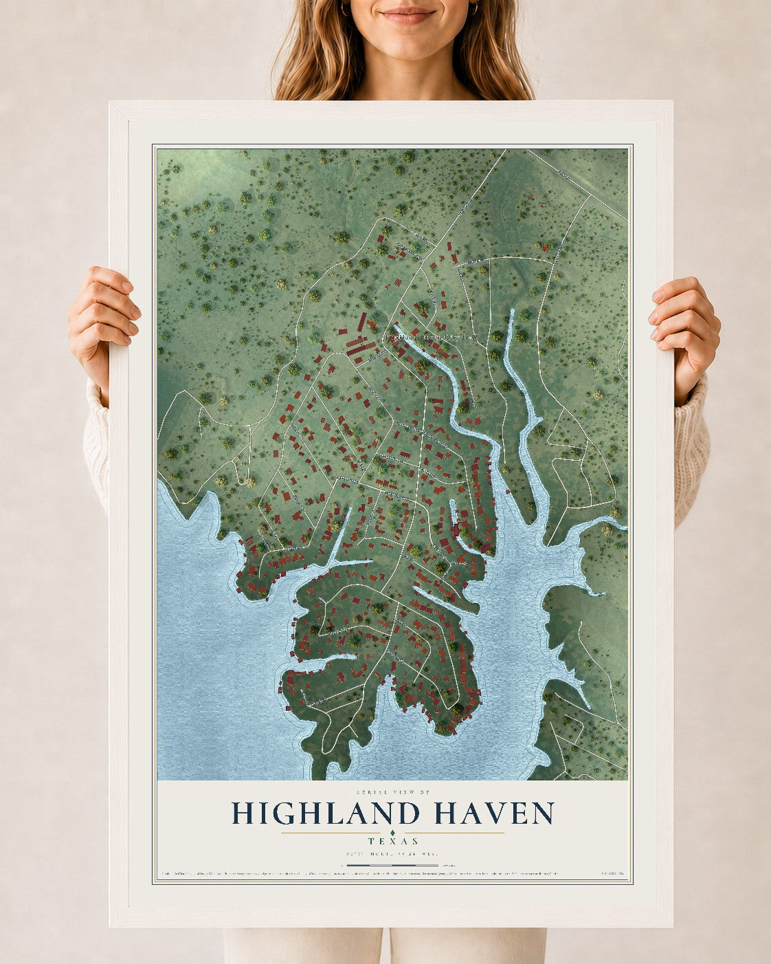 Map of Highland Haven, Texas, 24 x 36 inch print in a white wood frame