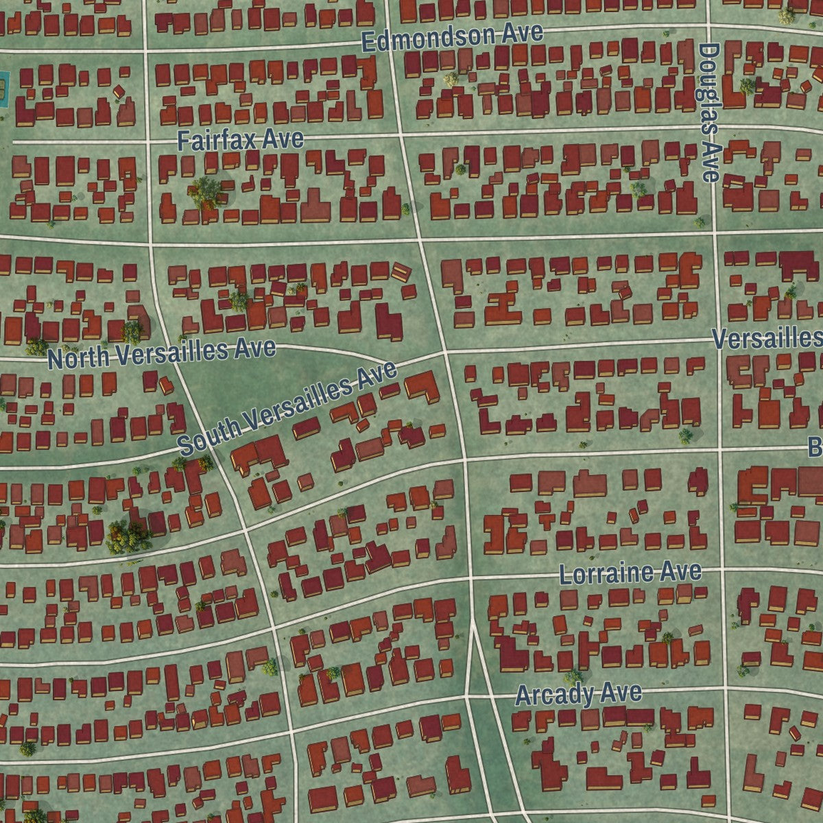 Close-up of the map of Highland Park, Texas print showing street and building detail