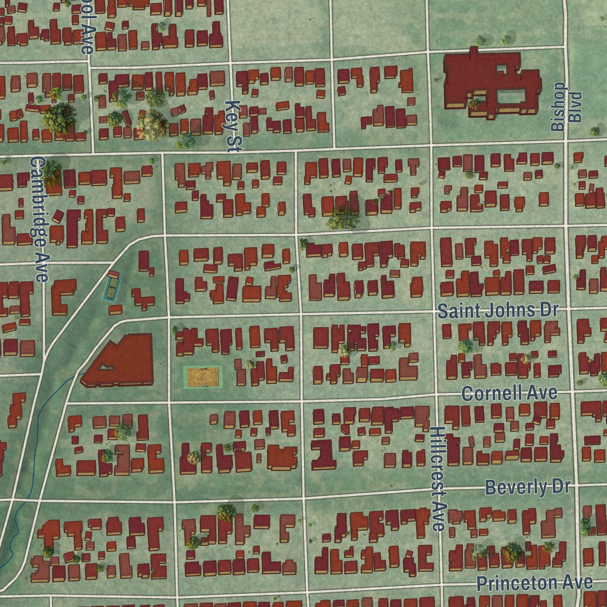 Second close-up of the map of Highland Park, Texas print showing more streets and buildings