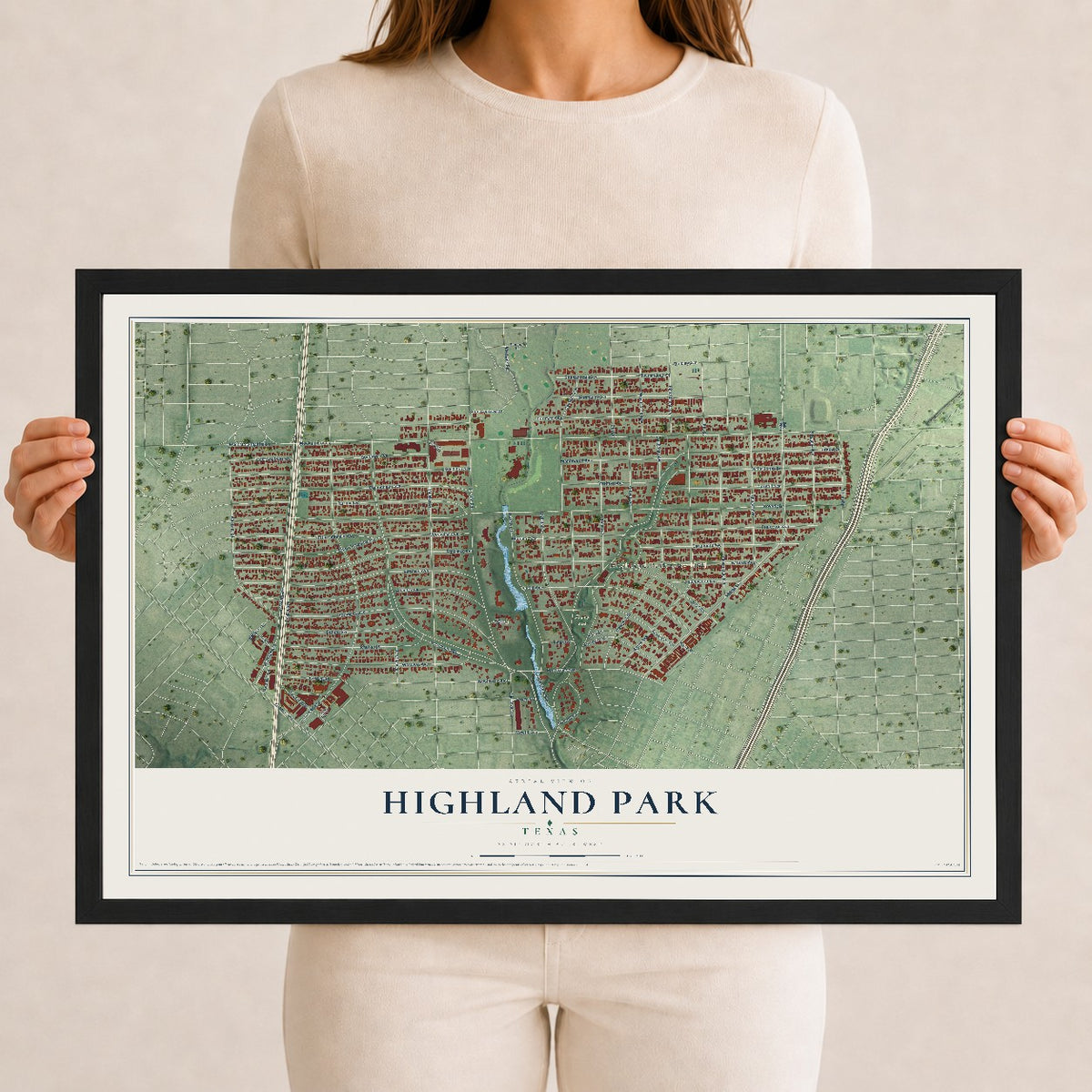 Map of Highland Park, Texas, 12 x 18 inch print in a black wood frame
