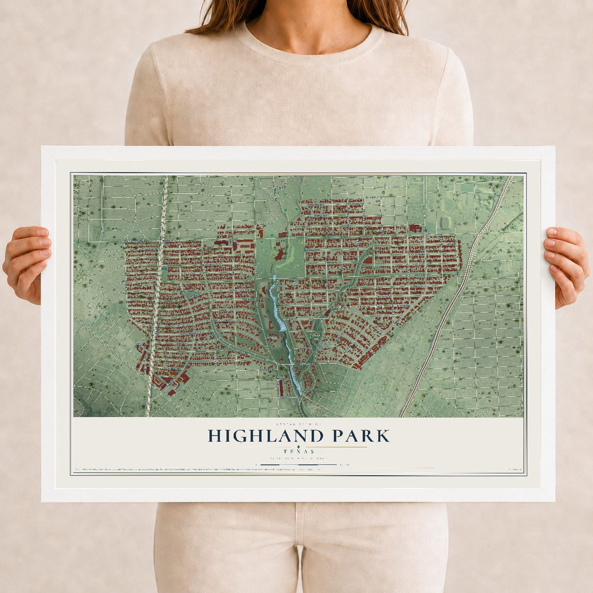 Map of Highland Park, Texas, 12 x 18 inch print in a white wood frame
