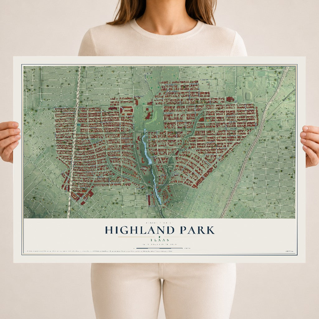 Map of Highland Park, Texas, 18 x 24 inch unframed archival matte print