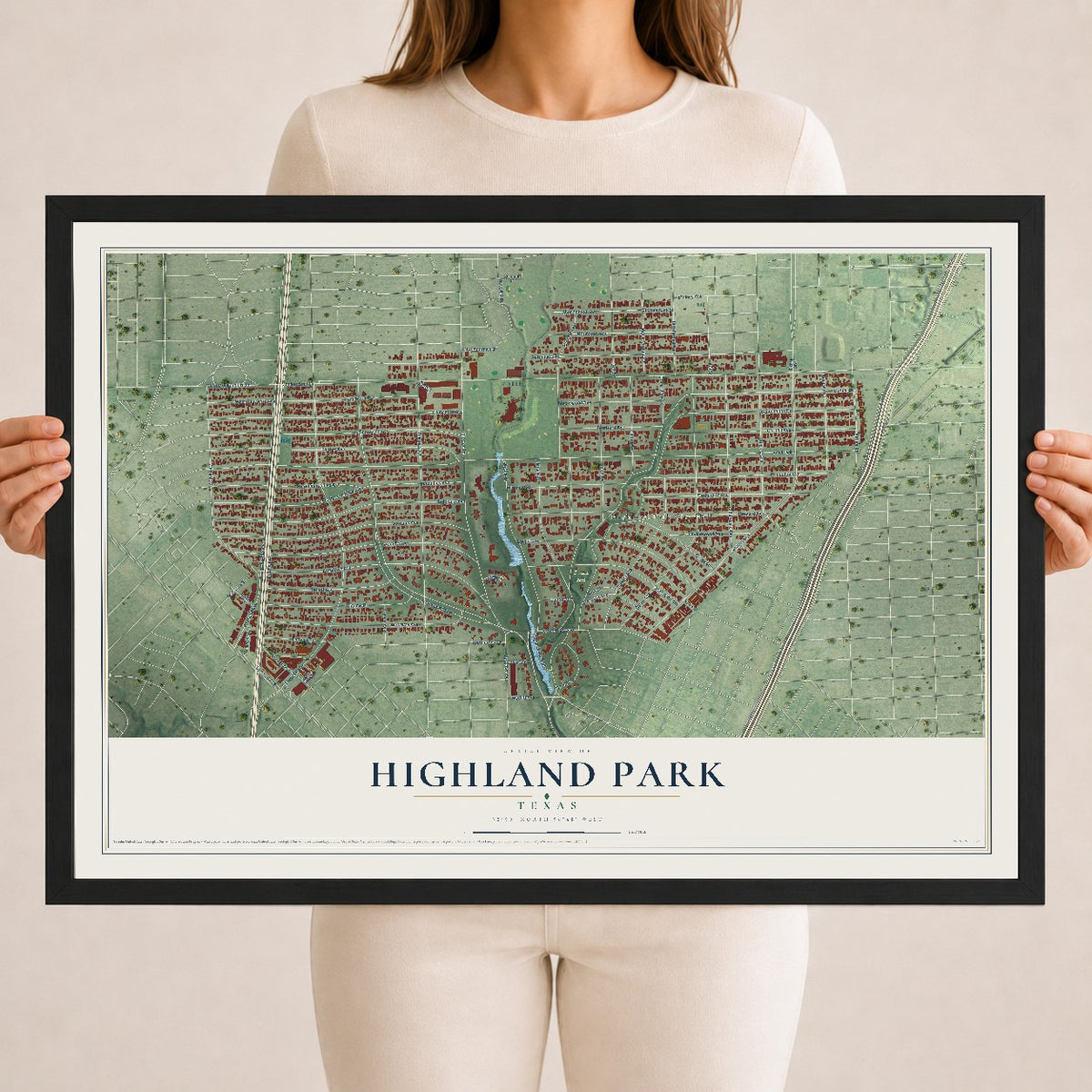 Map of Highland Park, Texas, 18 x 24 inch print in a black wood frame