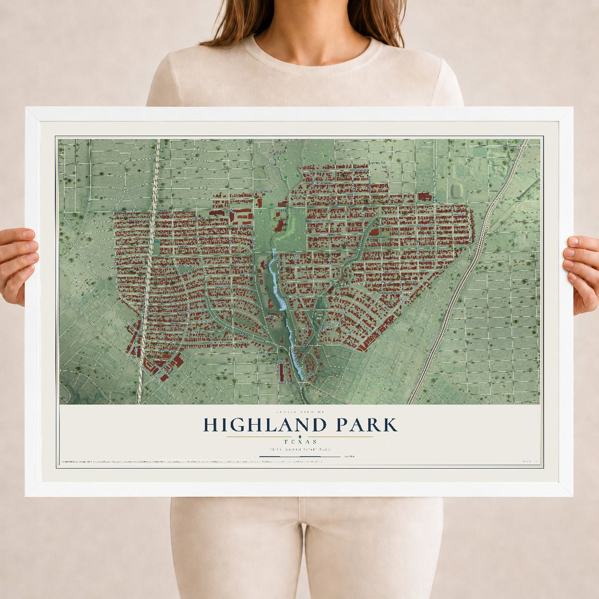 Map of Highland Park, Texas, 18 x 24 inch print in a white wood frame
