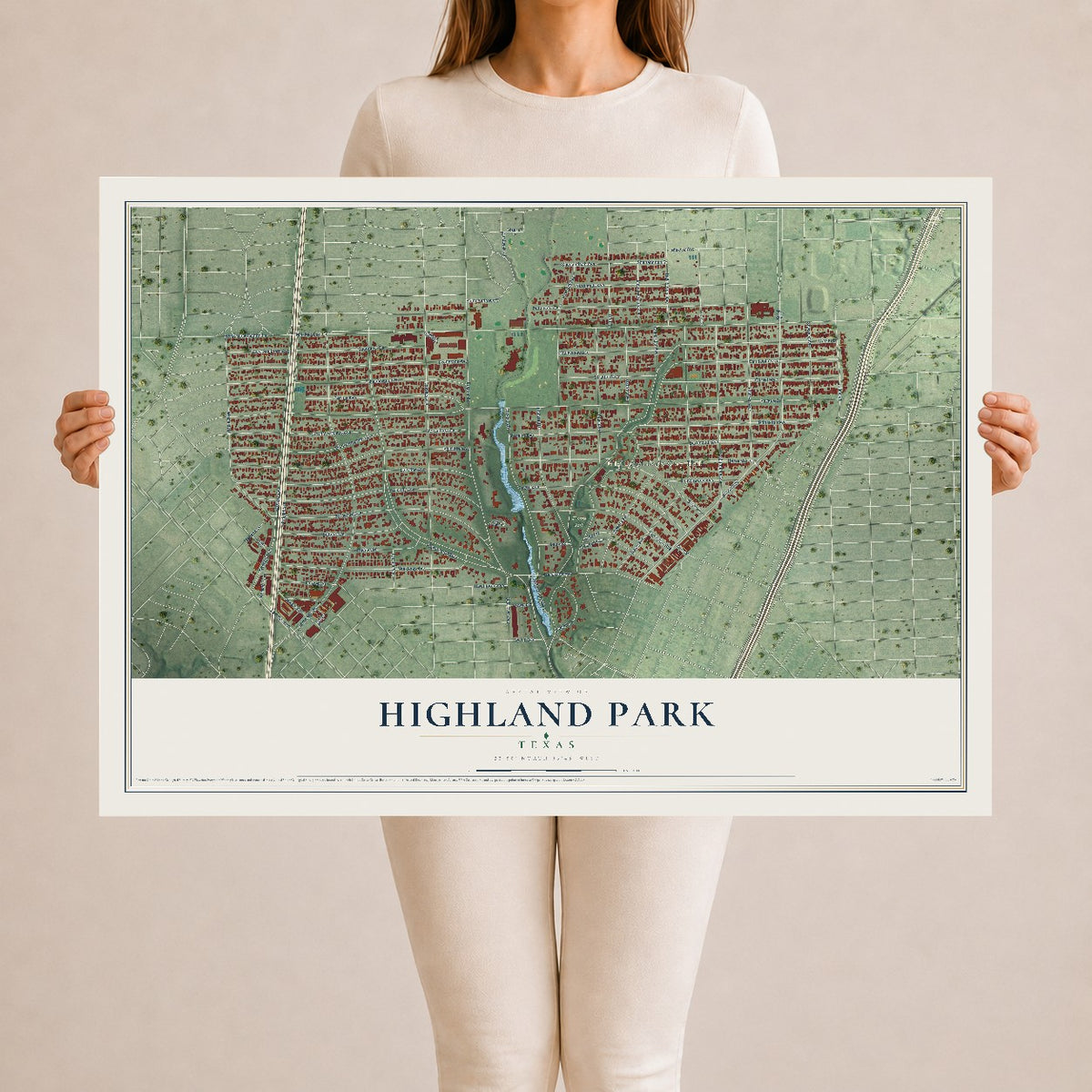 Map of Highland Park, Texas, 24 x 36 inch unframed archival matte print