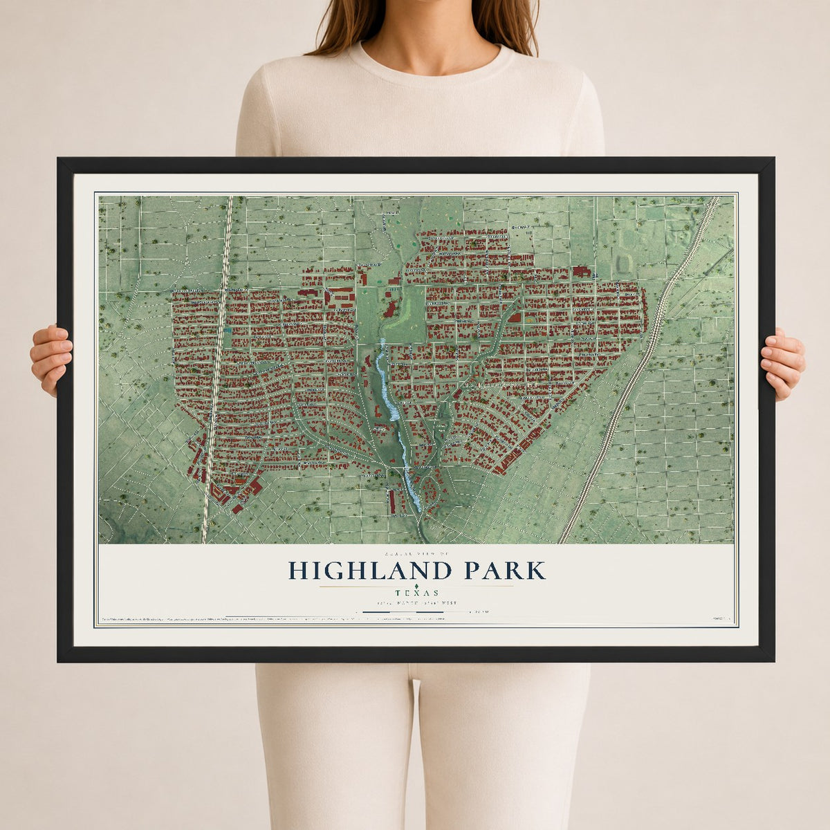 Map of Highland Park, Texas, 24 x 36 inch print in a black wood frame