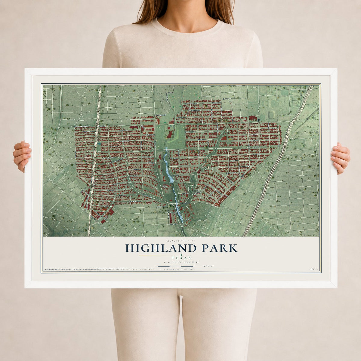 Map of Highland Park, Texas, 24 x 36 inch print in a white wood frame