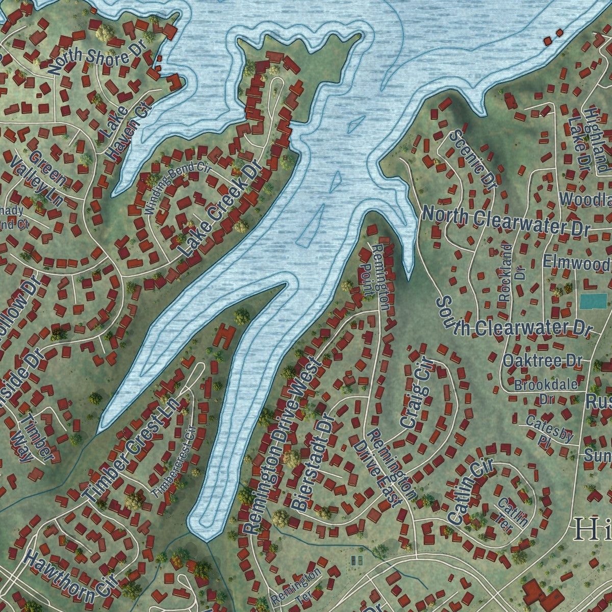 Close-up of the map of Highland Village, Texas print showing street and building detail