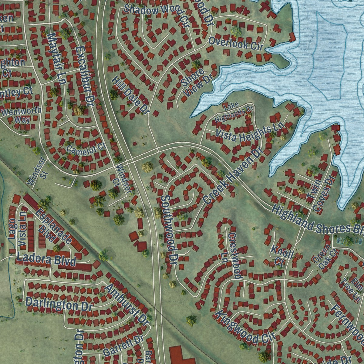 Second close-up of the map of Highland Village, Texas print showing more streets and buildings