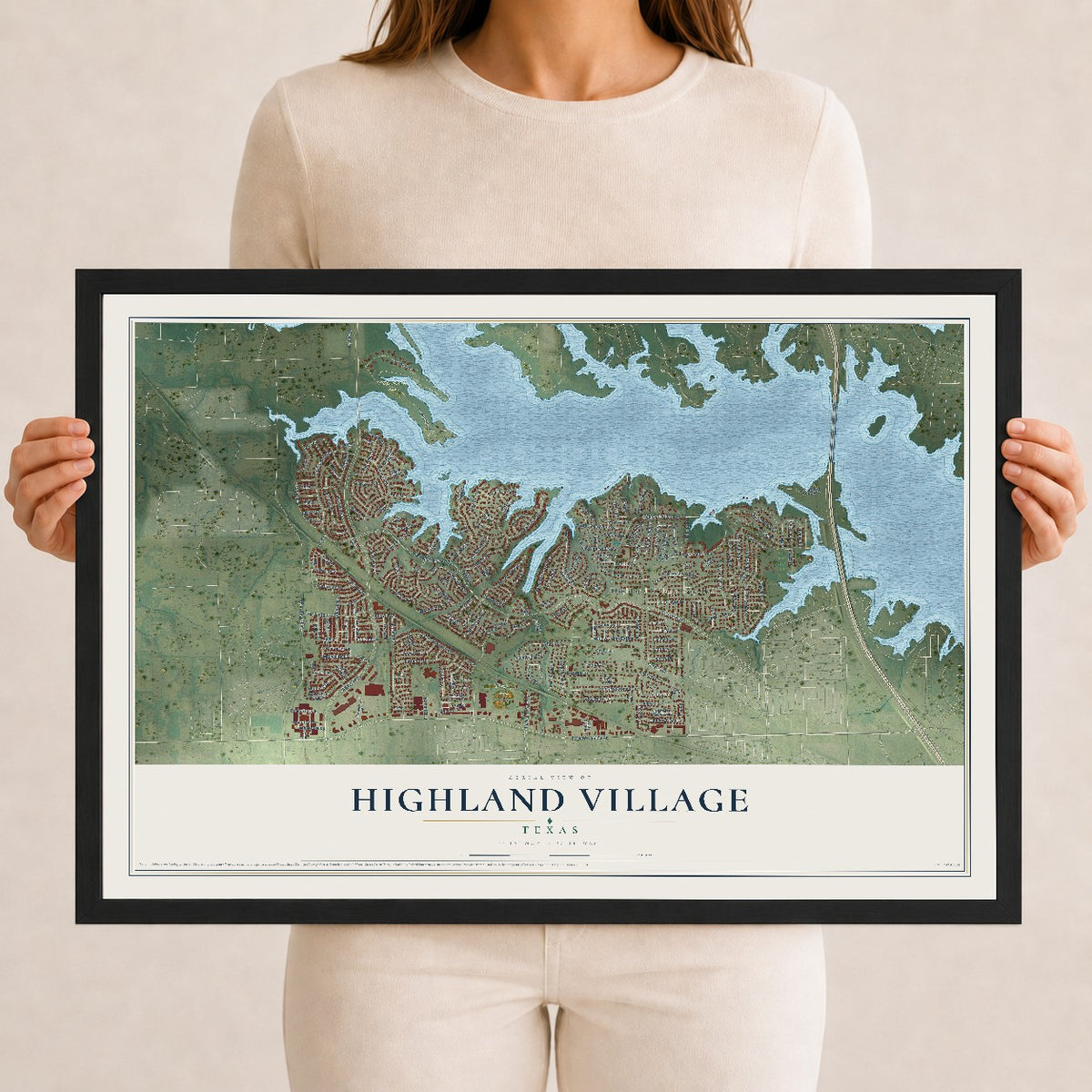 Map of Highland Village, Texas, 12 x 18 inch print in a black wood frame