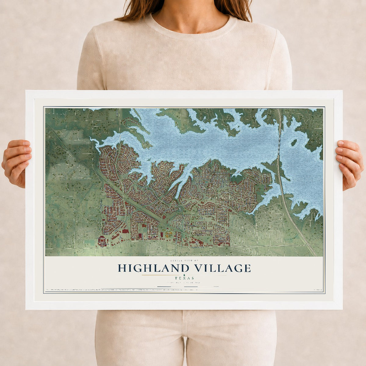 Map of Highland Village, Texas, 12 x 18 inch print in a white wood frame