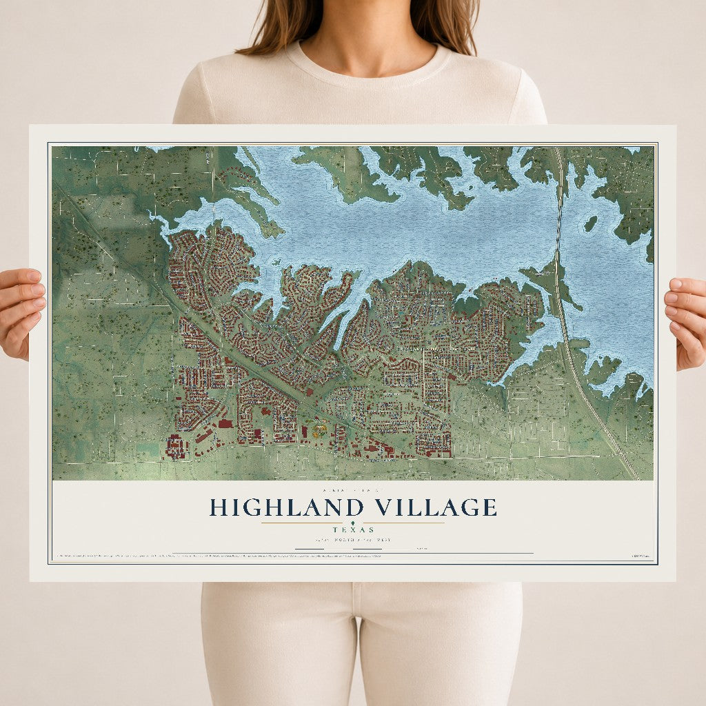 Map of Highland Village, Texas, 18 x 24 inch unframed archival matte print