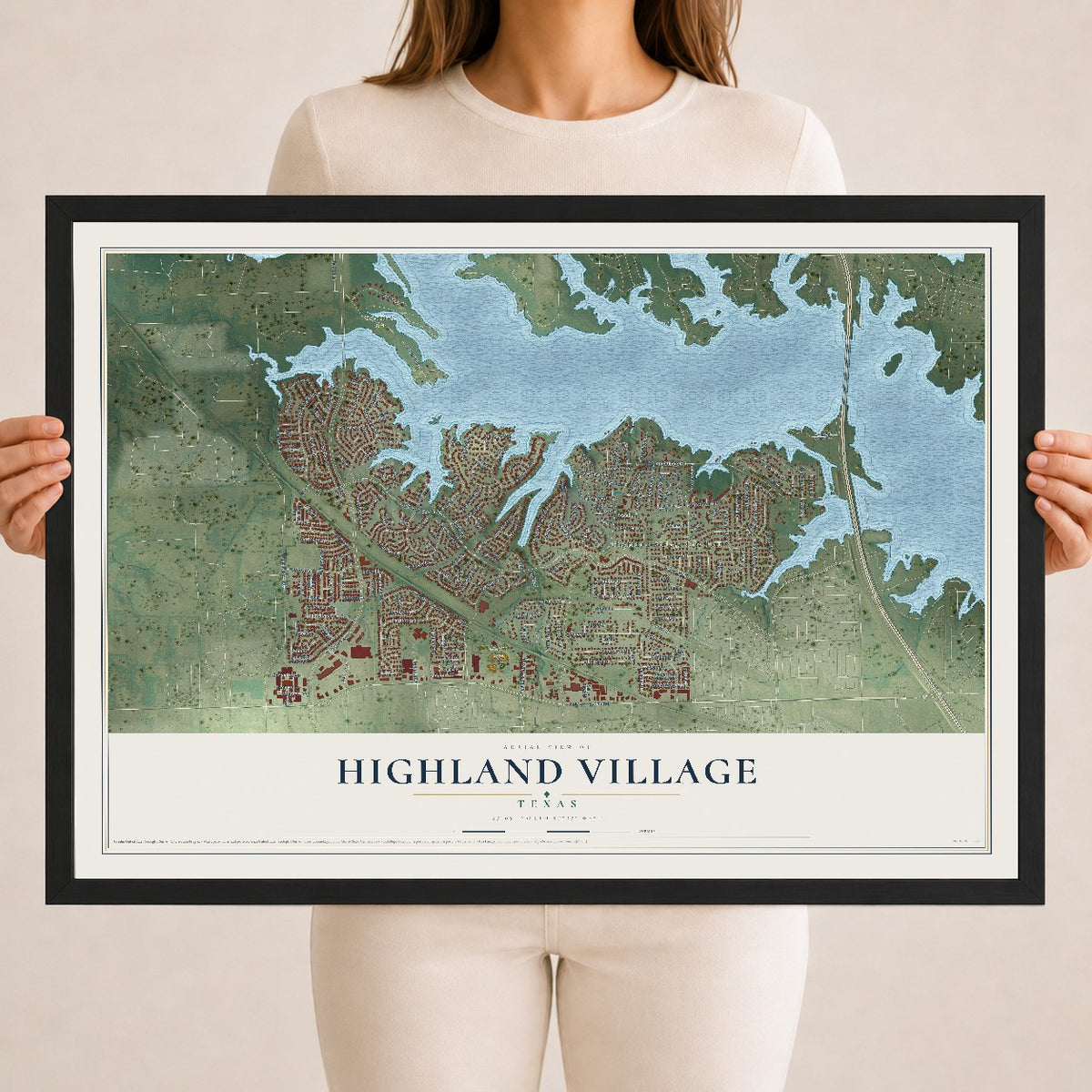 Map of Highland Village, Texas, 18 x 24 inch print in a black wood frame