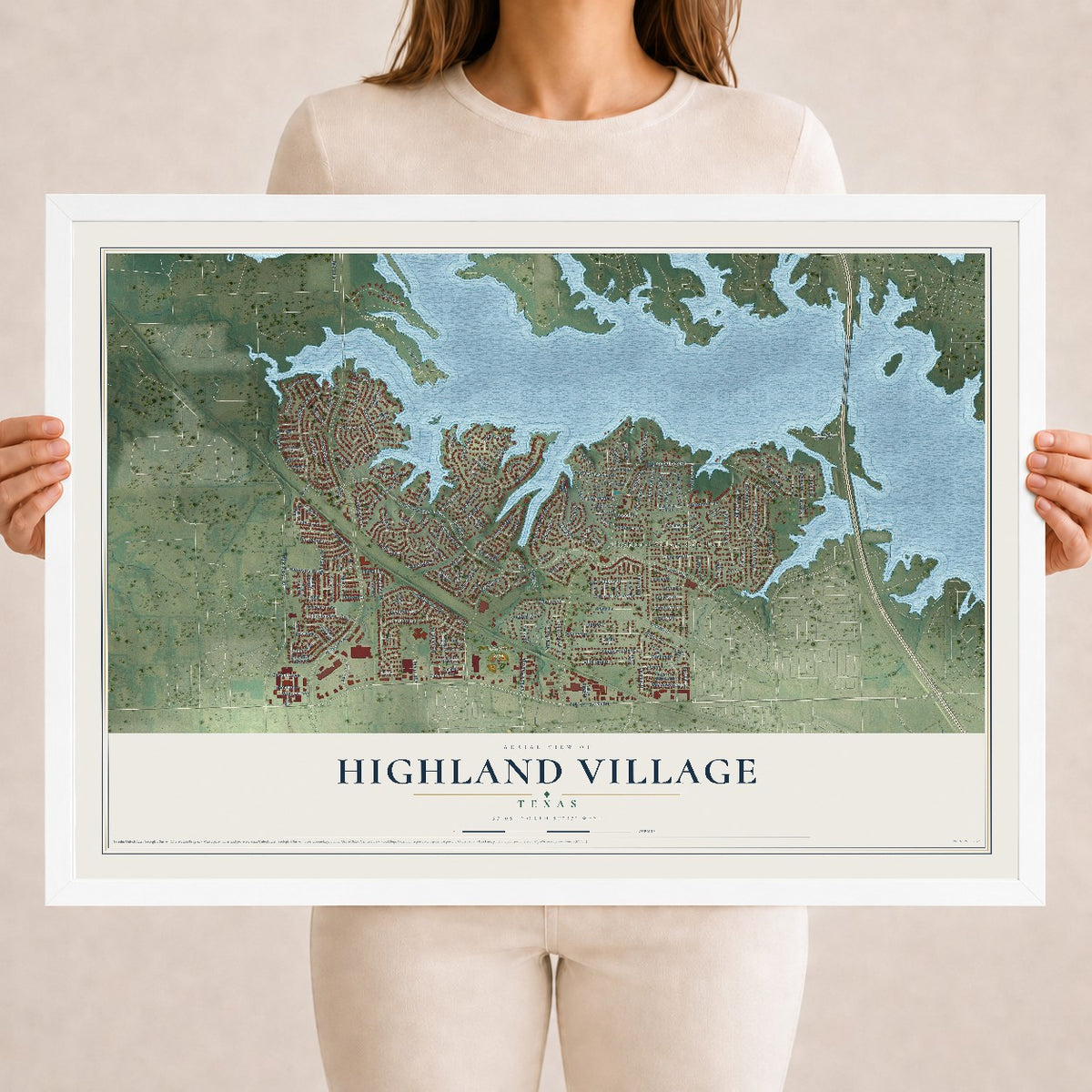 Map of Highland Village, Texas, 18 x 24 inch print in a white wood frame