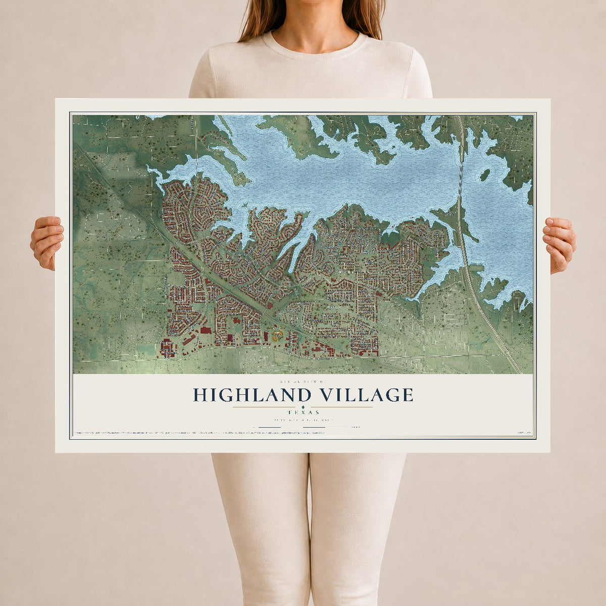 Map of Highland Village, Texas, 24 x 36 inch unframed archival matte print