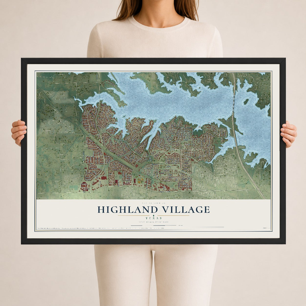 Map of Highland Village, Texas, 24 x 36 inch print in a black wood frame
