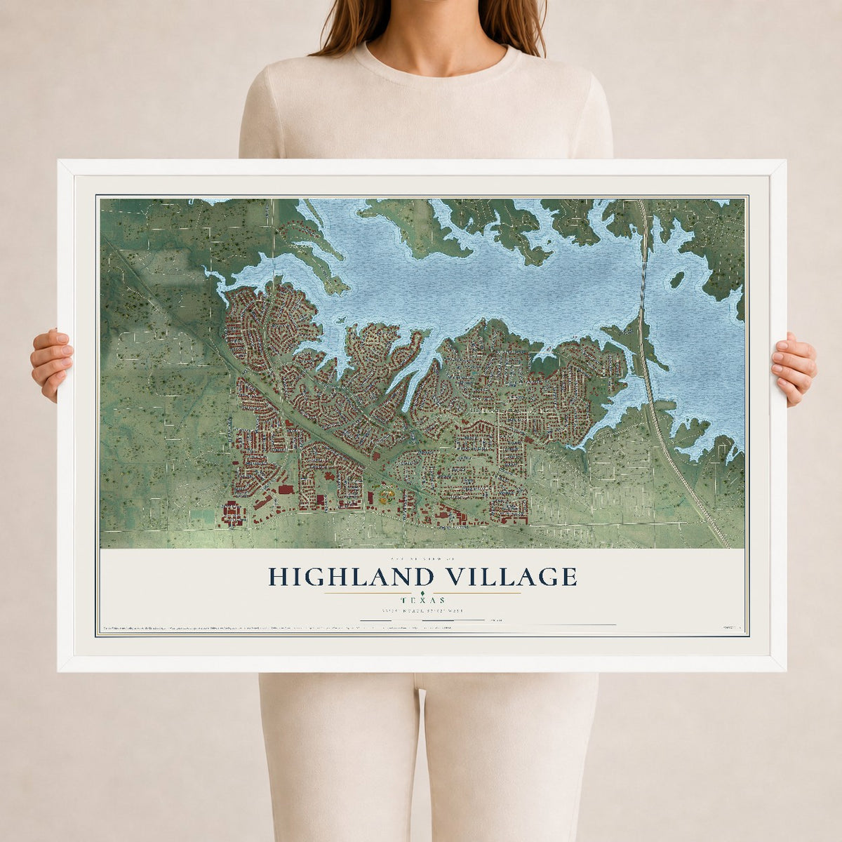 Map of Highland Village, Texas, 24 x 36 inch print in a white wood frame