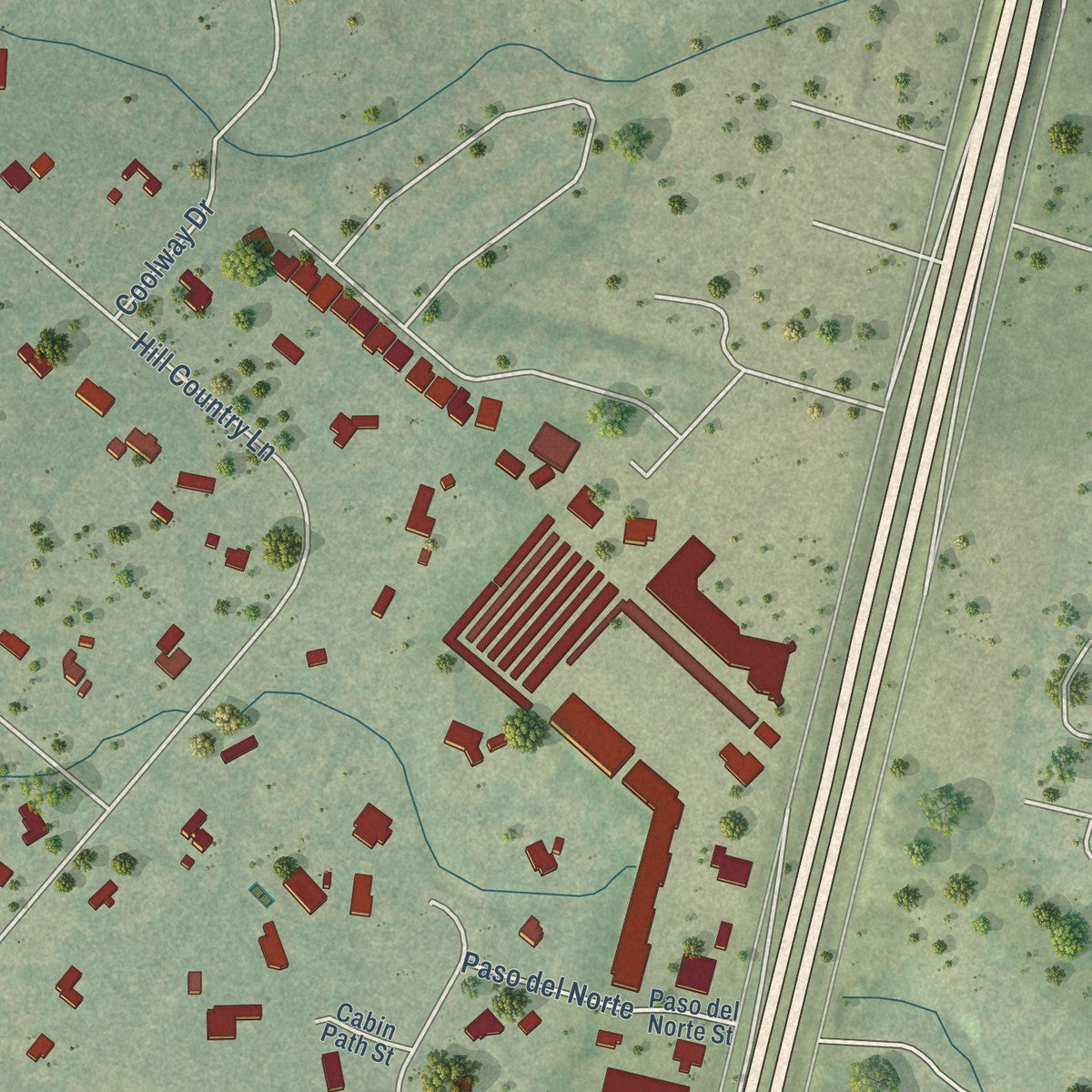 Close-up of the map of Hill Country Village, Texas print showing street and building detail