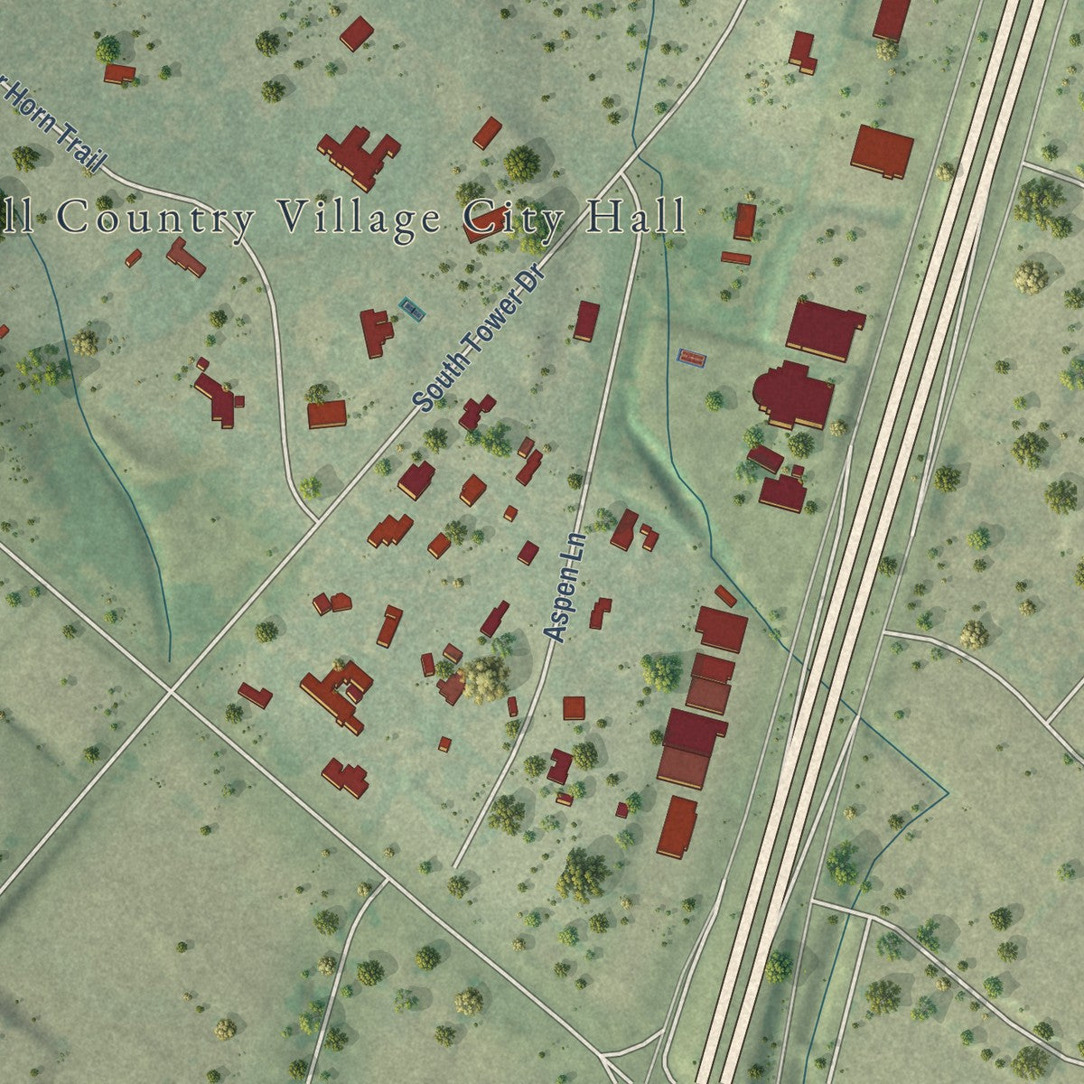 Second close-up of the map of Hill Country Village, Texas print showing more streets and buildings
